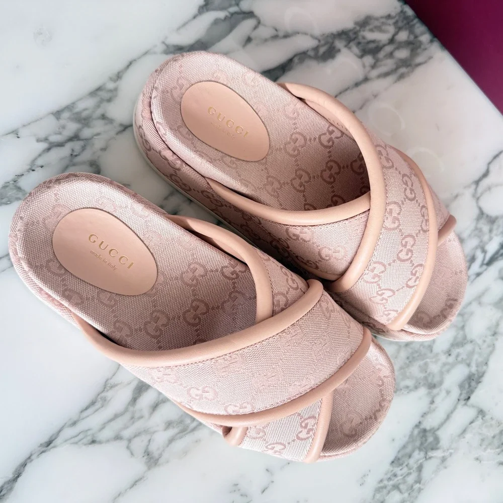 Gucci GG Canvas Platform Slide Sandals Light Pink Monogram Leather Trim 37